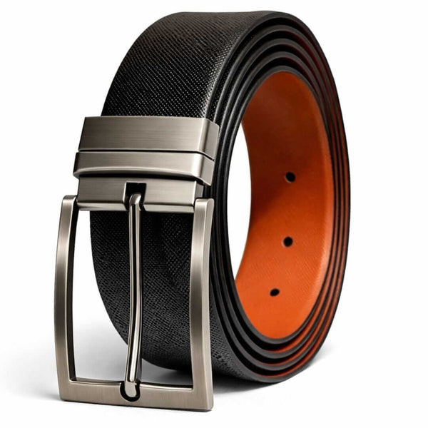 Mens 100% Genuine Leather Belt - GRAVEX Saffiano Texture (Black & Brown Reversible)