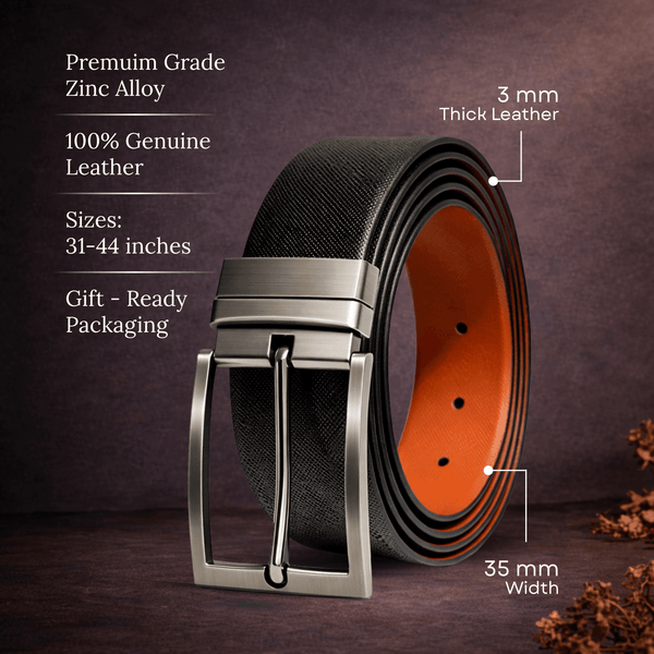 Mens 100% Genuine Leather Belt - GRAVEX Saffiano Texture (Black & Brown Reversible)