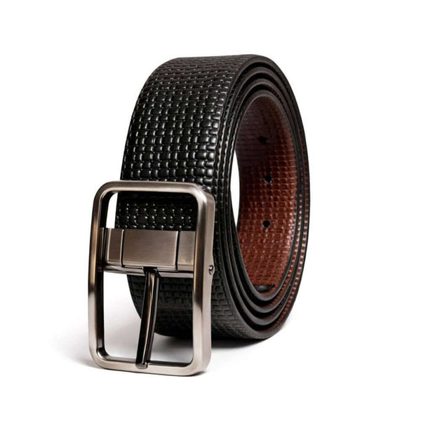 Mens 100% Genuine Leather Belt - GRIDCORE Grid Weave Emboss (Black & Brown Reversible)