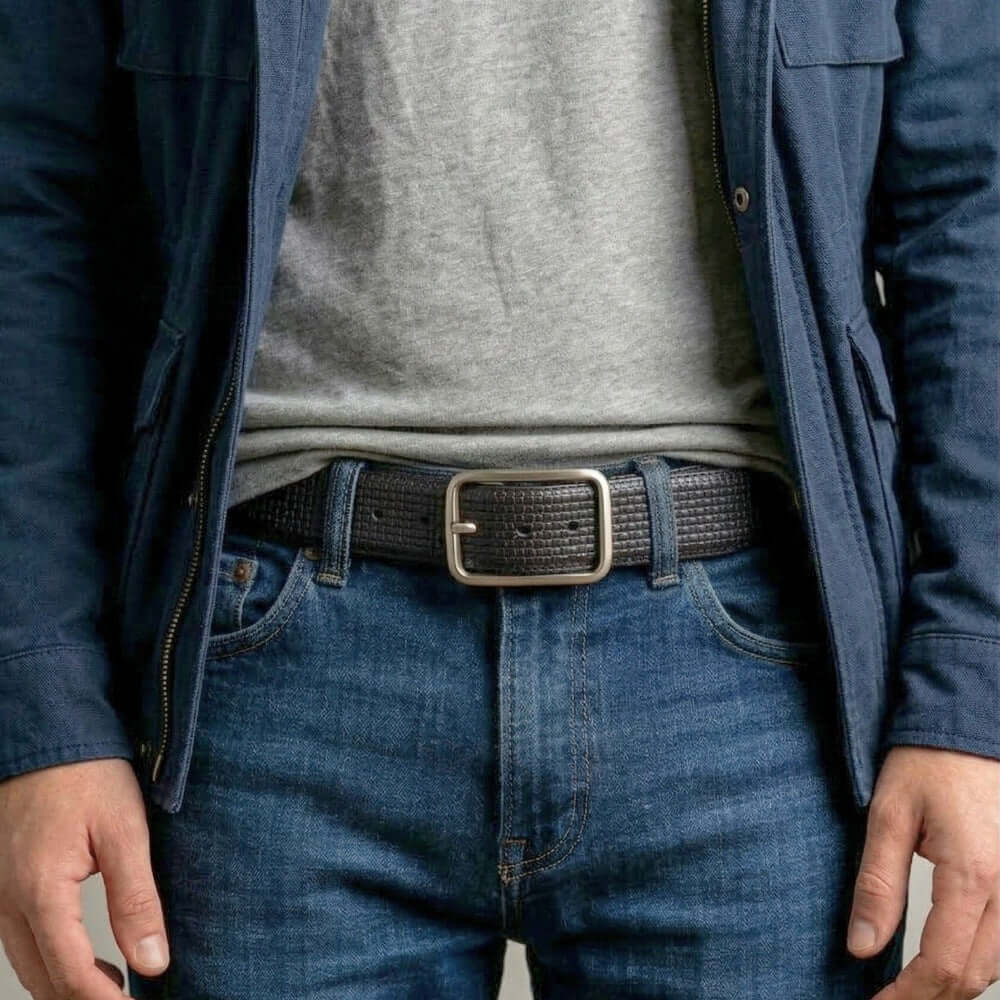 Mens 100% Genuine Leather Belt - GRIDCORE Grid Weave Emboss (Black & Brown Reversible) — Leather Belts for Men | THE MEN THING