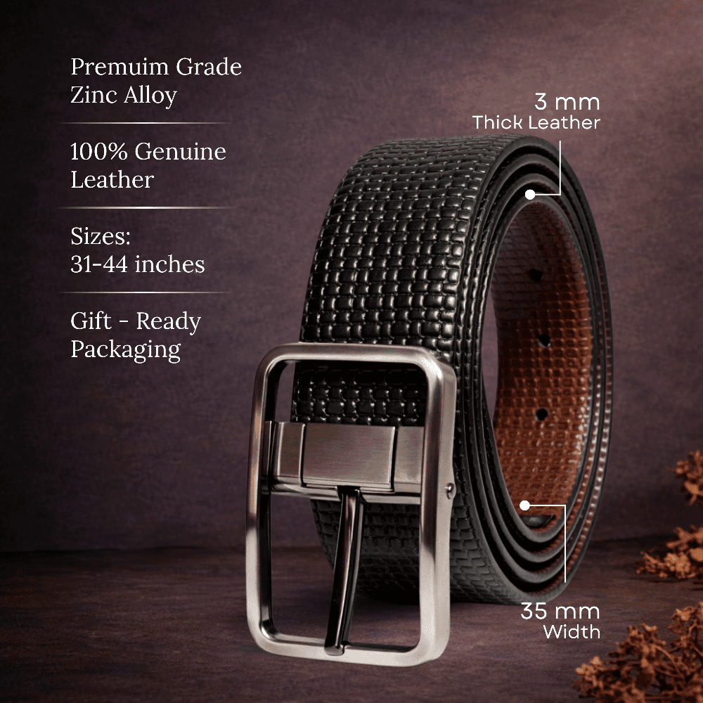 Mens 100% Genuine Leather Belt - GRIDCORE Grid Weave Emboss (Black & Brown Reversible) — Leather Belts for Men | THE MEN THING