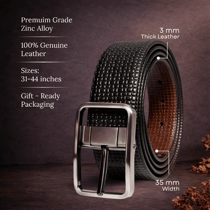 Mens 100% Genuine Leather Belt - GRIDCORE Grid Weave Emboss (Black & Brown Reversible) — Leather Belts for Men | THE MEN THING
