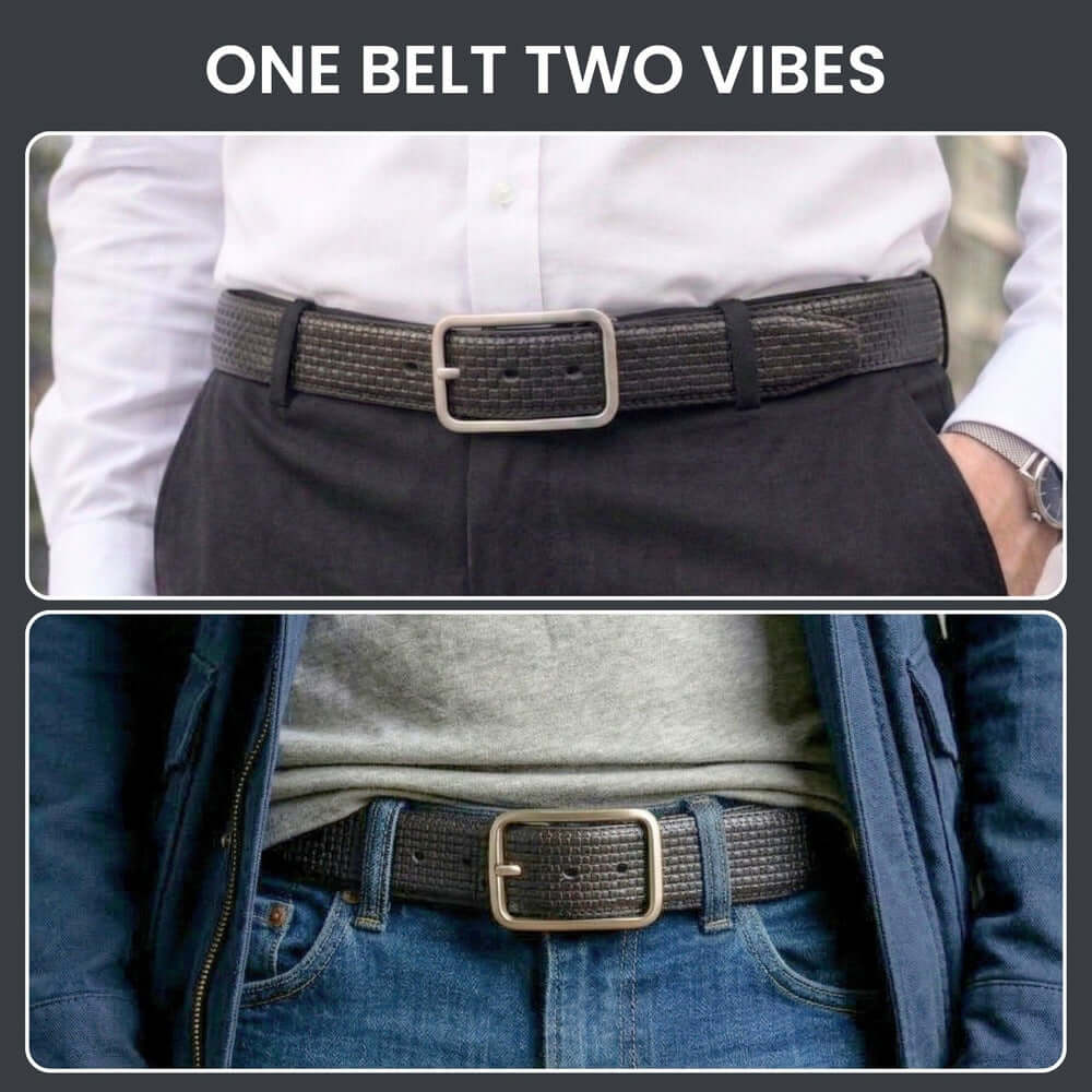 Mens 100% Genuine Leather Belt - GRIDCORE Grid Weave Emboss (Black & Brown Reversible) — Leather Belts for Men | THE MEN THING
