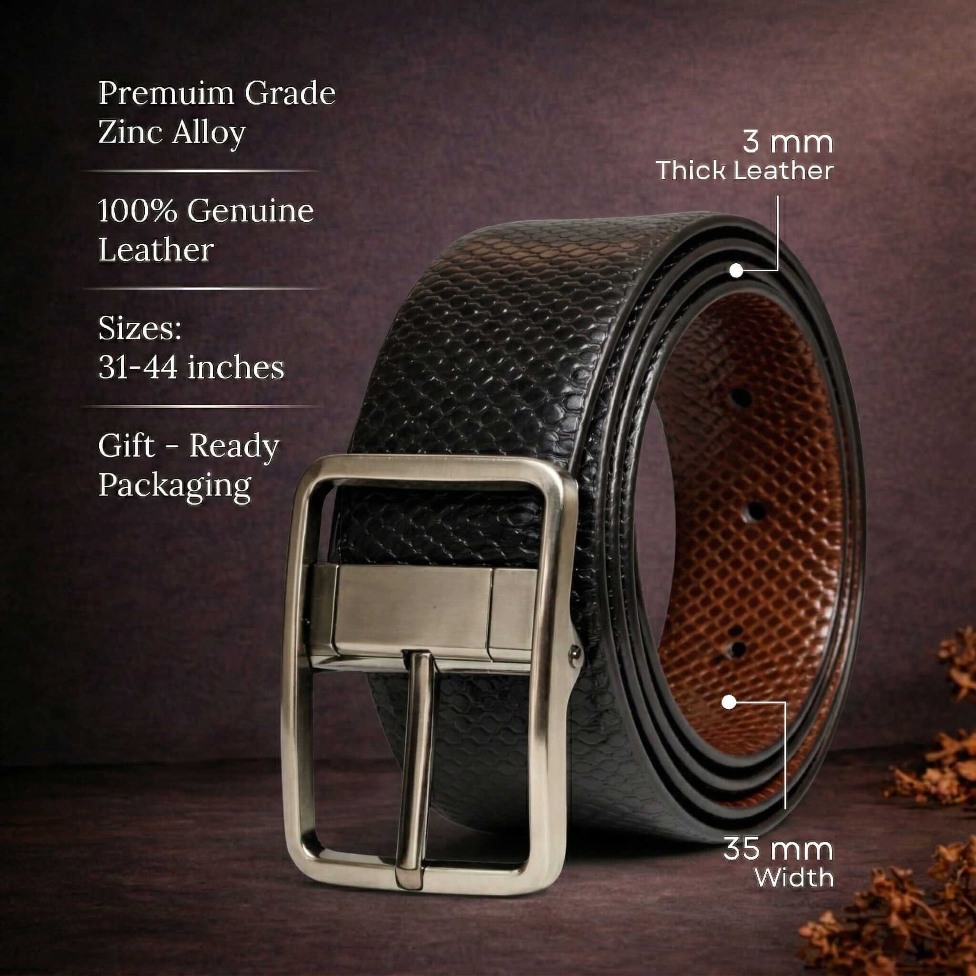 Mens 100% Genuine Leather Belt - GRIDLUX Woven Emboss (Black & Brown Reversible) — Leather Belts for Men | THE MEN THING