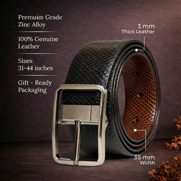 Mens 100% Genuine Leather Belt - GRIDLUX Woven Emboss (Black & Brown Reversible)