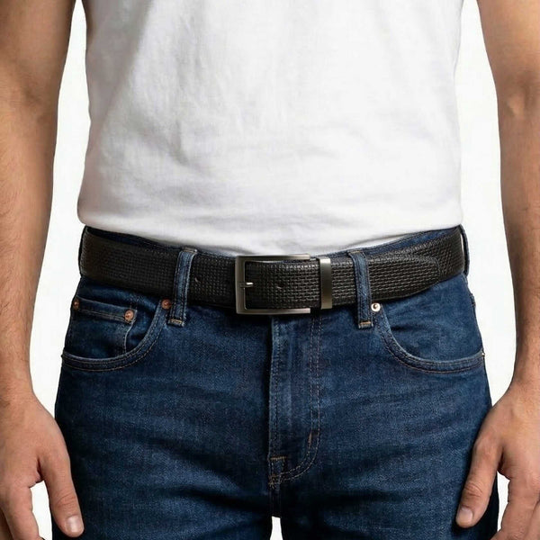 Mens 100% Genuine Leather Belt - GRIDON Grid Weave Emboss (Black & Brown Reversible)