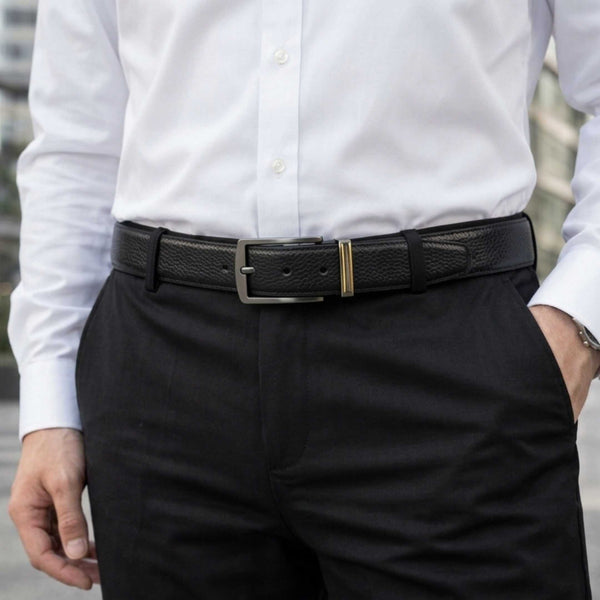 Mens 100% Genuine Leather Belt - GRIDON Grid Weave Emboss (Black & Brown Reversible)