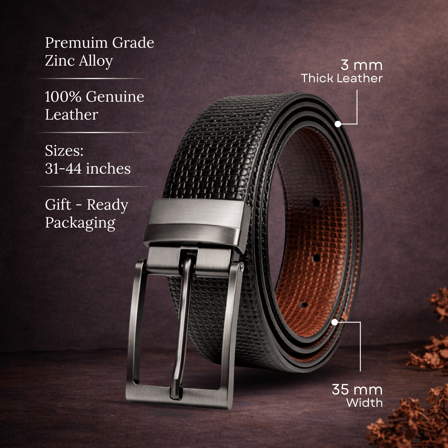 Mens Genuine Leather Belt | 2 in 1 Reversible (Black & Brown) (1 Pc.) - GRIDON - THE MEN THING