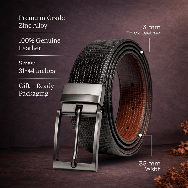 Mens 100% Genuine Leather Belt - GRIDON Grid Weave Emboss (Black & Brown Reversible)