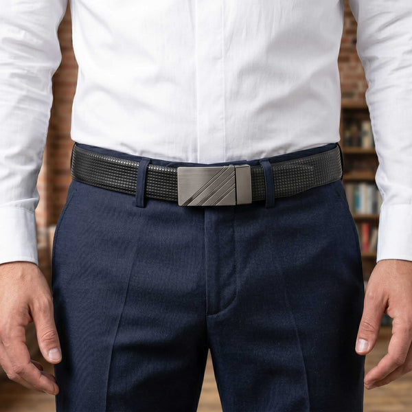 Mens 100% Genuine Leather Belt - GRIDSTRIKE Grid Weave Plate (Black & Brown Reversible)