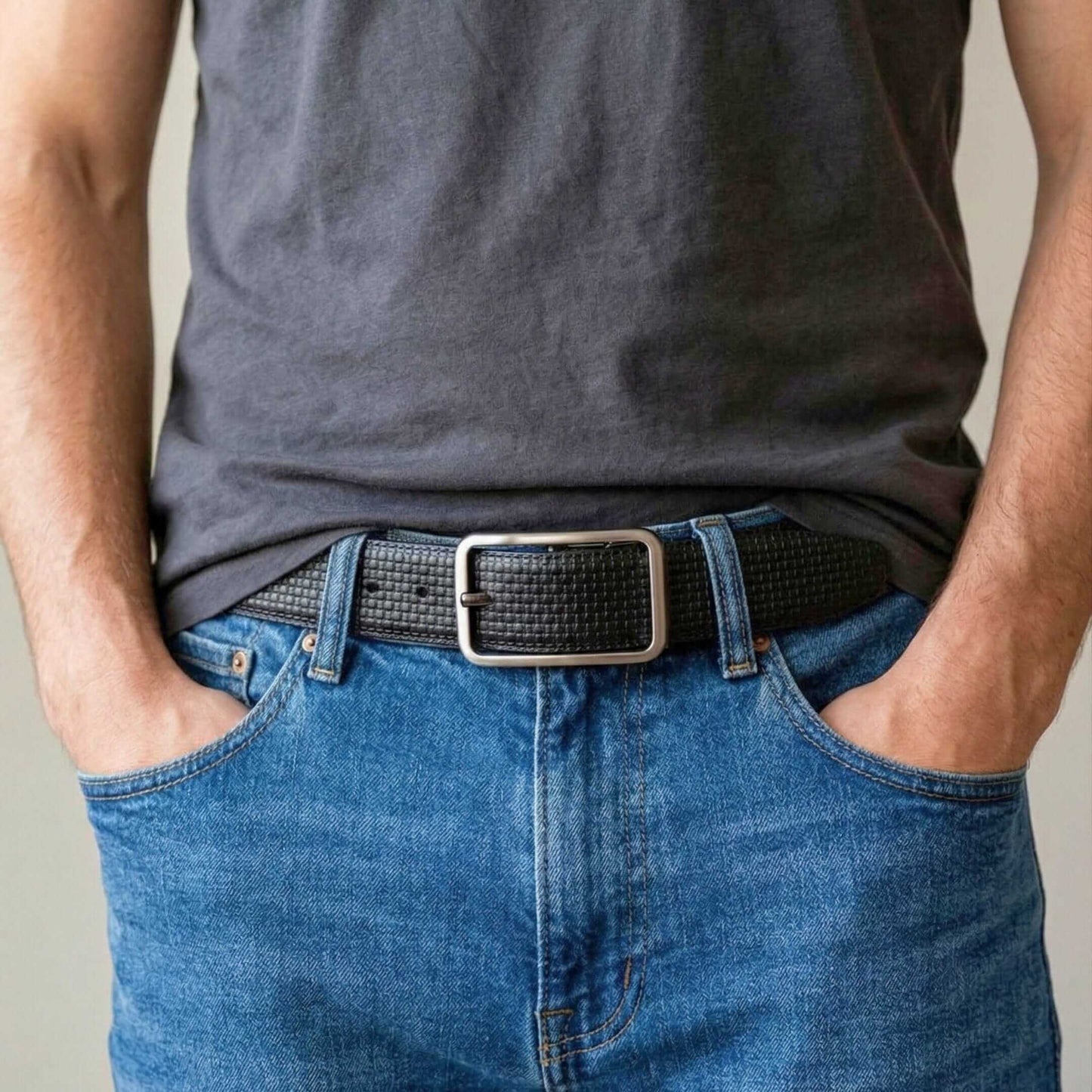 Mens 100% Genuine Leather Belt - GRIDTEXTURE Basket Weave Emboss (Black & Brown Reversible) — Leather Belts for Men | THE MEN THING