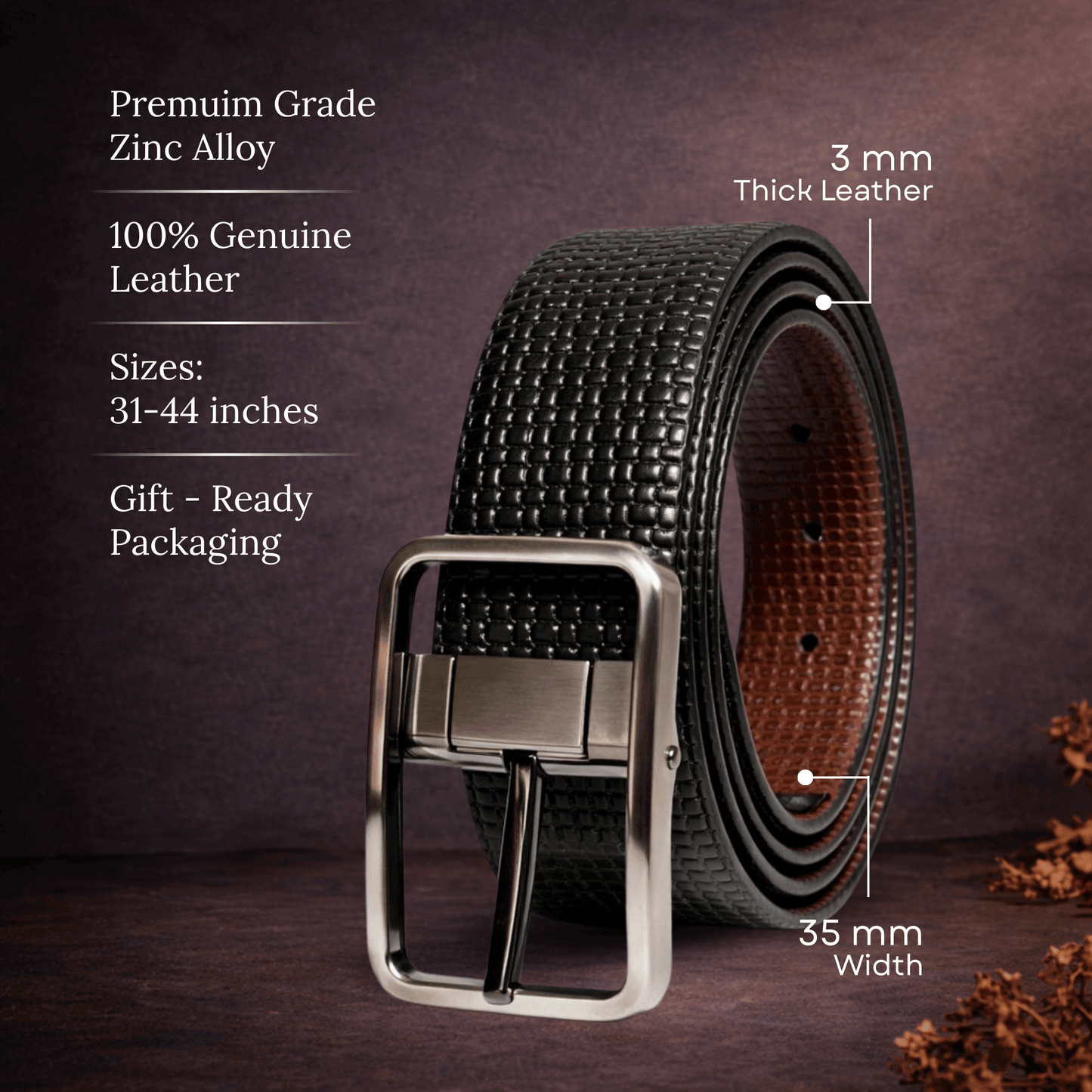 Mens 100% Genuine Leather Belt - GRIDTEXTURE Basket Weave Emboss (Black & Brown Reversible) — Leather Belts for Men | THE MEN THING