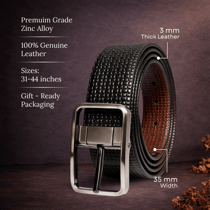 Mens 100% Genuine Leather Belt - GRIDTEXTURE Basket Weave Emboss (Black & Brown Reversible) — Leather Belts for Men | THE MEN THING