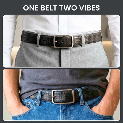 Mens 100% Genuine Leather Belt - GRIDTEXTURE Basket Weave Emboss (Black & Brown Reversible) — Leather Belts for Men | THE MEN THING