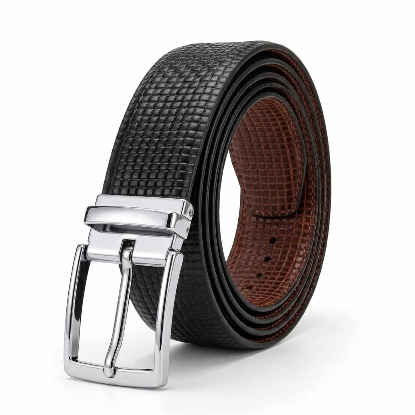 Mens 100% Genuine Leather Belt - GRIDXO Woven Grid Emboss (Black & Brown Reversible) — Leather Belts for Men | THE MEN THING