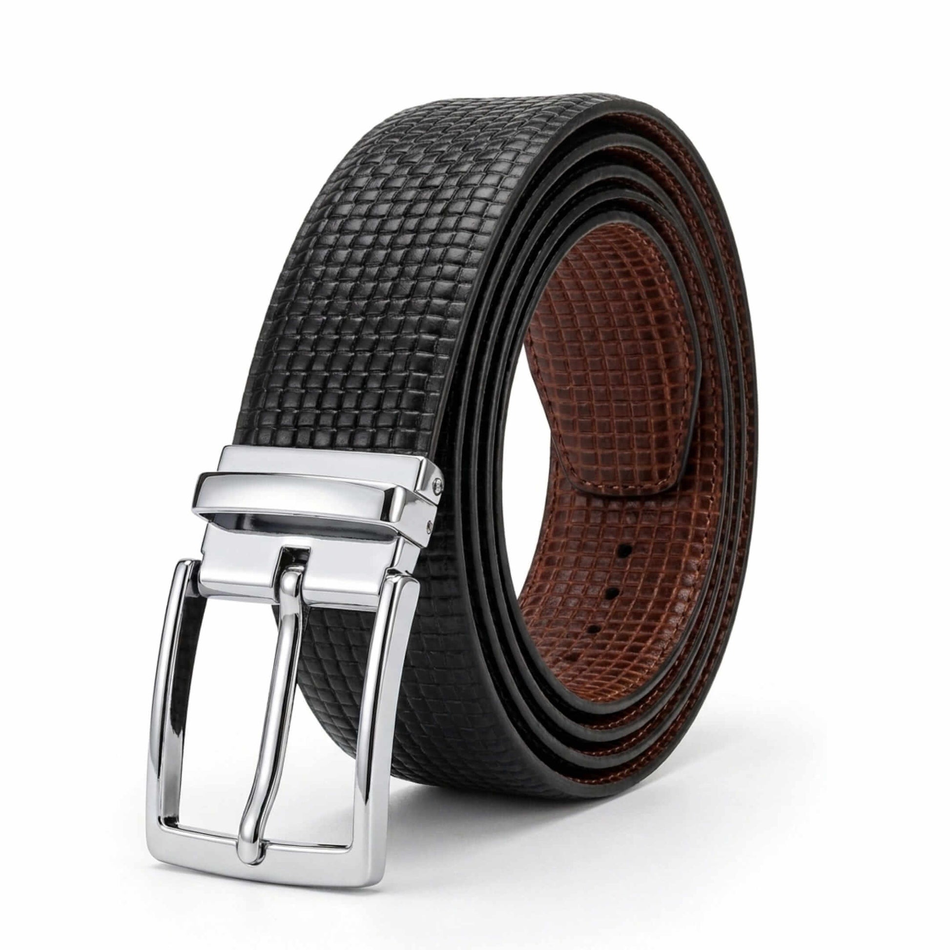 Mens 100% Genuine Leather Belt - GRIDXO Woven Grid Emboss (Black & Brown Reversible) — Leather Belts for Men | THE MEN THING