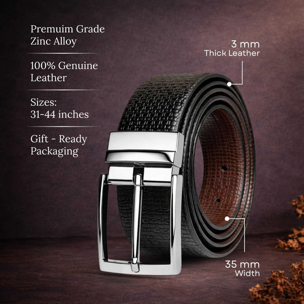 Mens 100% Genuine Leather Belt - GRIDXO Woven Grid Emboss (Black & Brown Reversible)