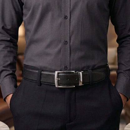 Mens 100% Genuine Leather Belt - GRIDXO Woven Grid Emboss (Black & Brown Reversible) — Leather Belts for Men | THE MEN THING