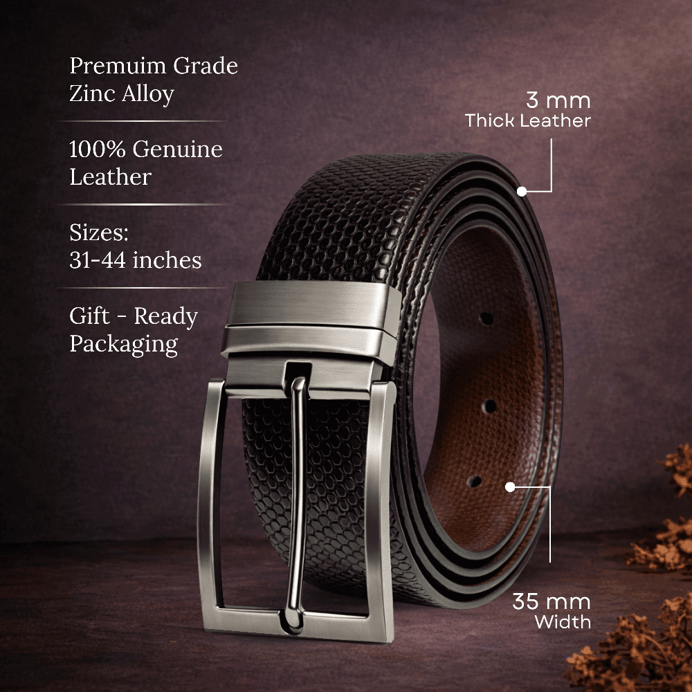 Mens 100% Genuine Leather Belt - HEXARO Dot Grid Emboss (Black & Brown Reversible) — Leather Belts for Men | THE MEN THING