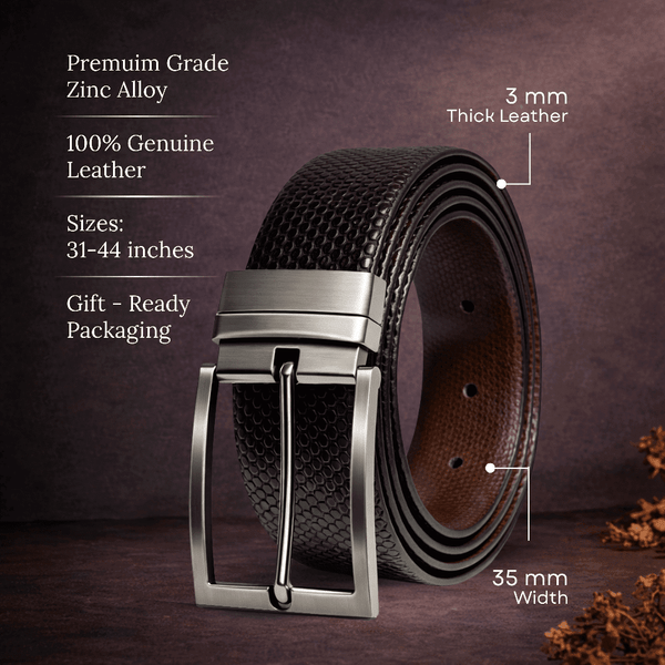 Mens 100% Genuine Leather Belt - HEXARO Dot Grid Emboss (Black & Brown Reversible)