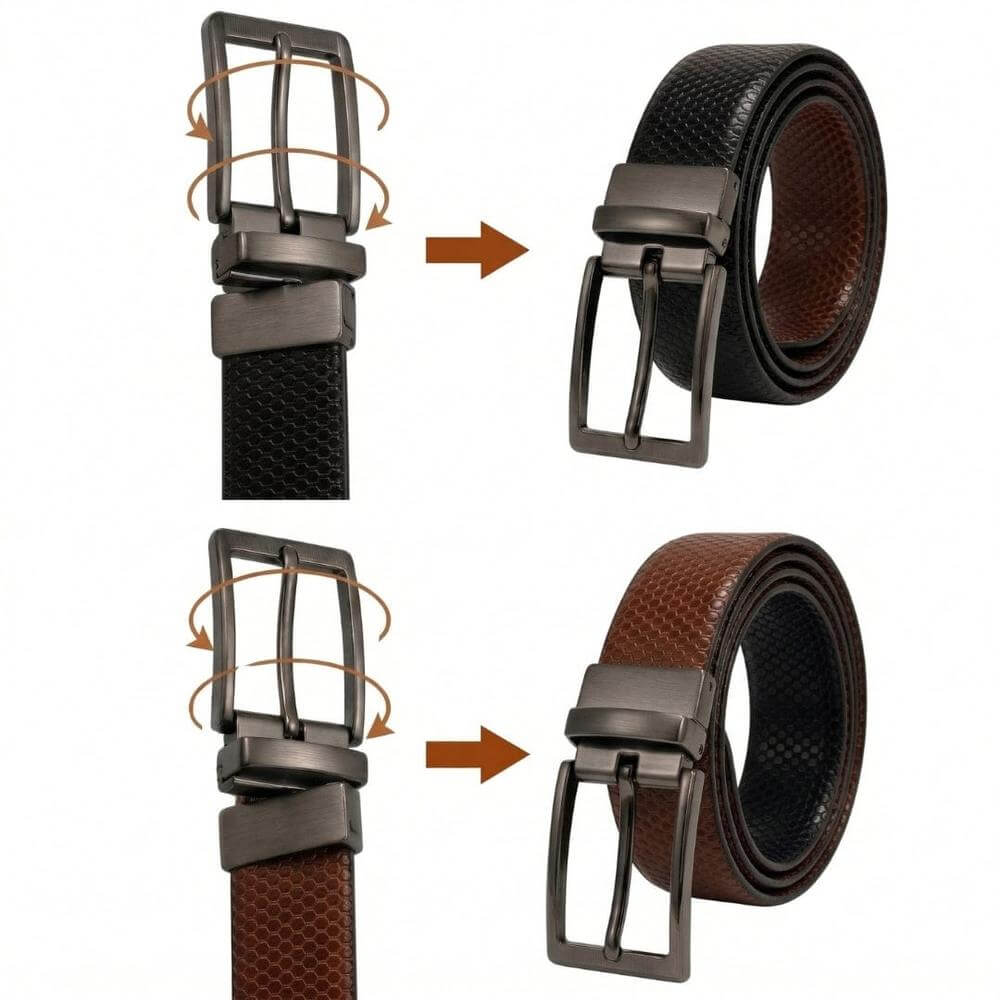 Mens 100% Genuine Leather Belt - HEXARO Dot Grid Emboss (Black & Brown Reversible) — Leather Belts for Men | THE MEN THING
