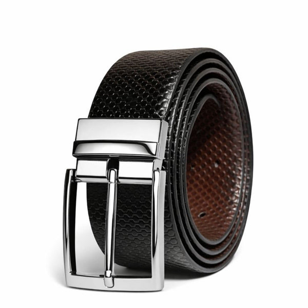 Mens 100% Genuine Leather Belt - HEXOR Lizard Emboss (Black & Brown Reversible)