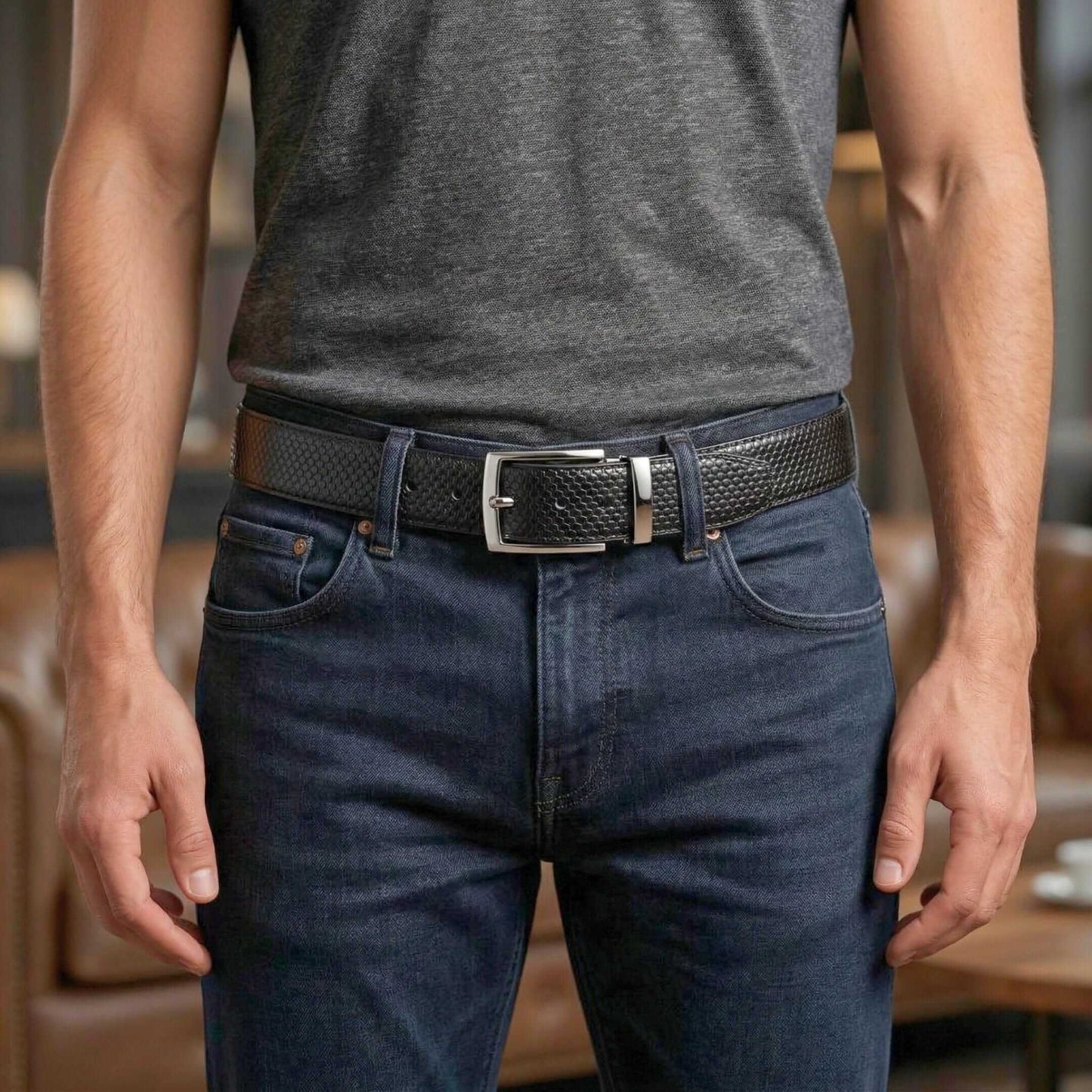 Mens 100% Genuine Leather Belt - HEXOR Lizard Emboss (Black & Brown Reversible) — Leather Belts for Men | THE MEN THING