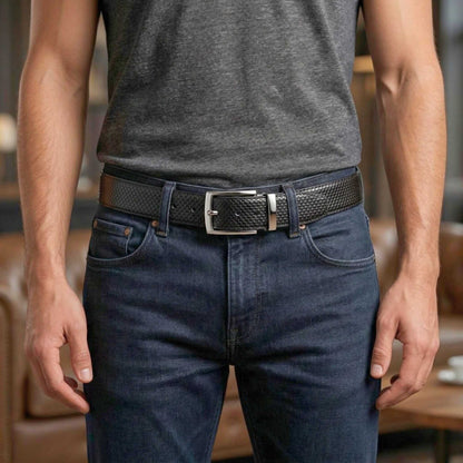 Mens 100% Genuine Leather Belt - HEXOR Lizard Emboss (Black & Brown Reversible) — Leather Belts for Men | THE MEN THING