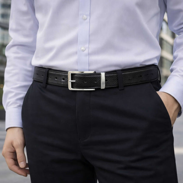 Mens 100% Genuine Leather Belt - HEXOR Lizard Emboss (Black & Brown Reversible)
