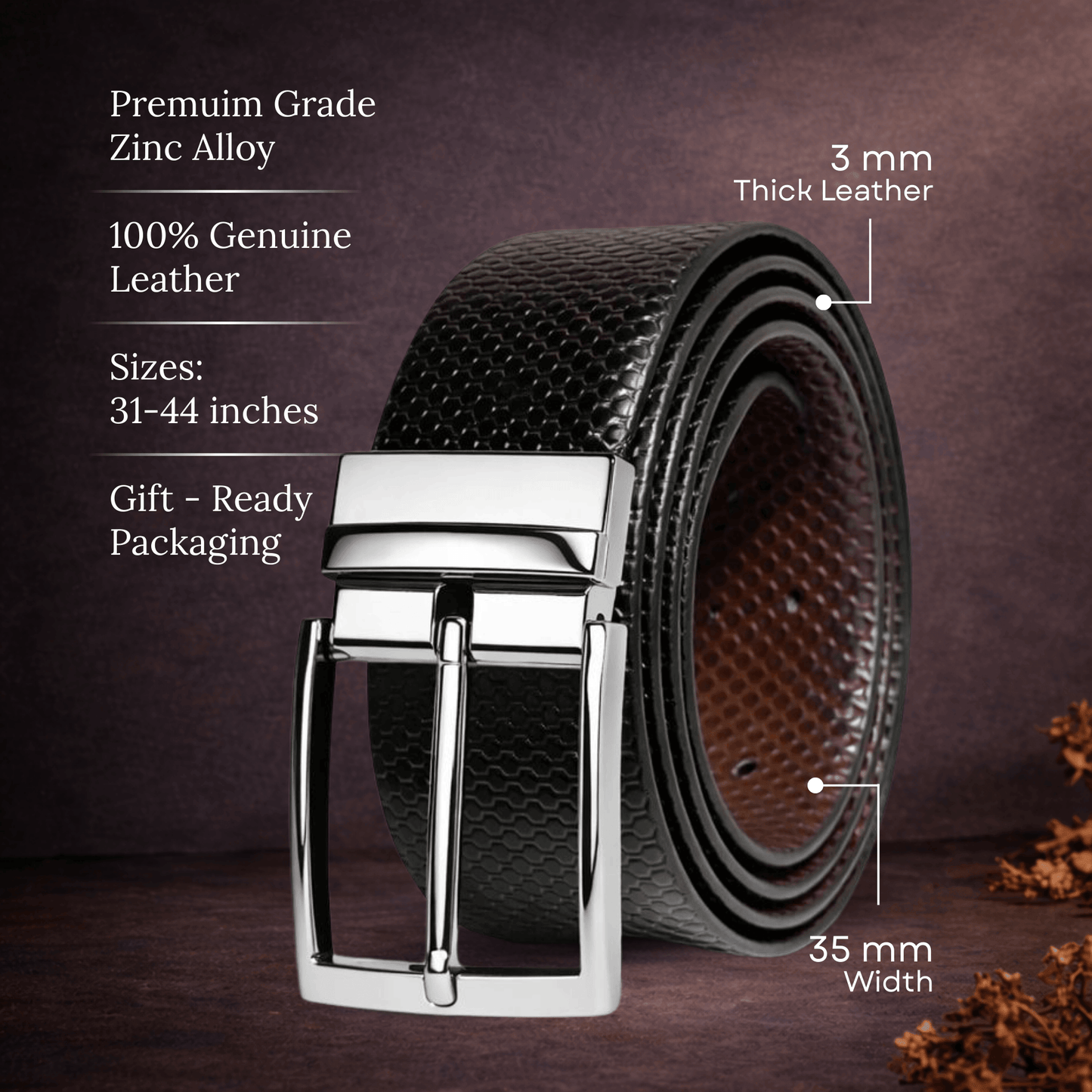 Mens 100% Genuine Leather Belt - HEXOR Lizard Emboss (Black & Brown Reversible) — Leather Belts for Men | THE MEN THING