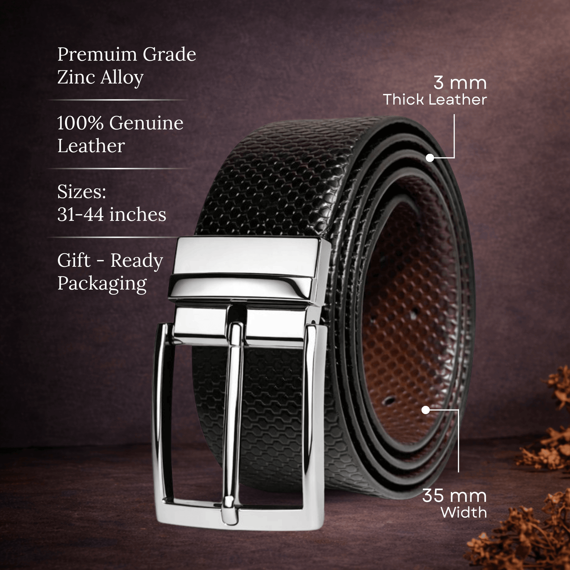 Mens 100% Genuine Leather Belt - HEXOR Lizard Emboss (Black & Brown Reversible) — Leather Belts for Men | THE MEN THING