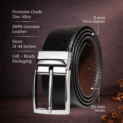 Mens 100% Genuine Leather Belt - HEXOR Lizard Emboss (Black & Brown Reversible) — Leather Belts for Men | THE MEN THING