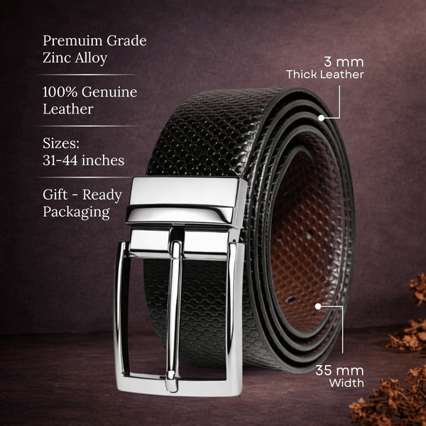 Mens 100% Genuine Leather Belt - HEXOR Lizard Emboss (Black & Brown Reversible)