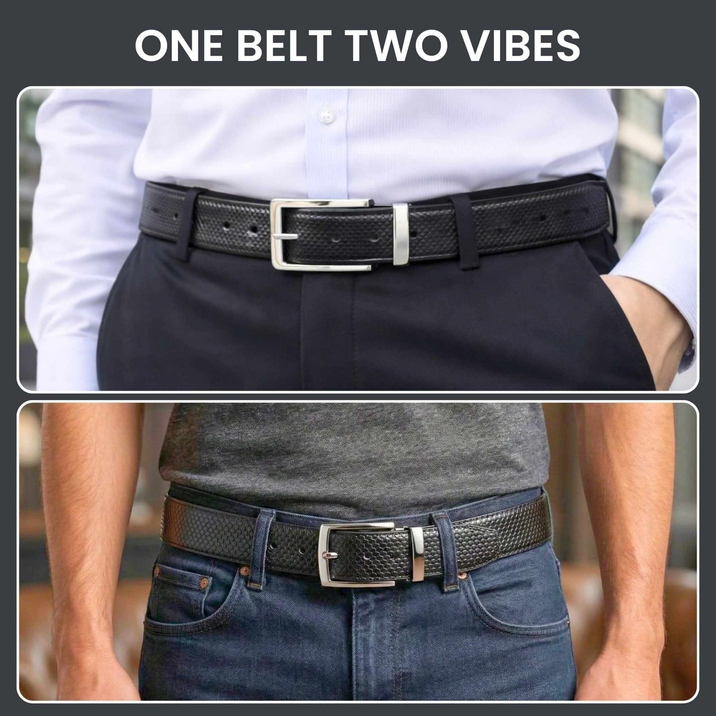 Mens 100% Genuine Leather Belt - HEXOR Lizard Emboss (Black & Brown Reversible) — Leather Belts for Men | THE MEN THING