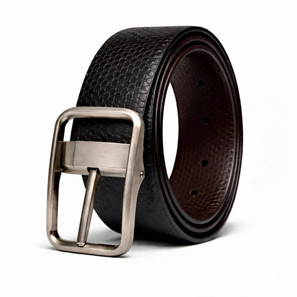 Mens 100% Genuine Leather Belt - HEXSHIFT Pebble Grain (Black & Brown Reversible)