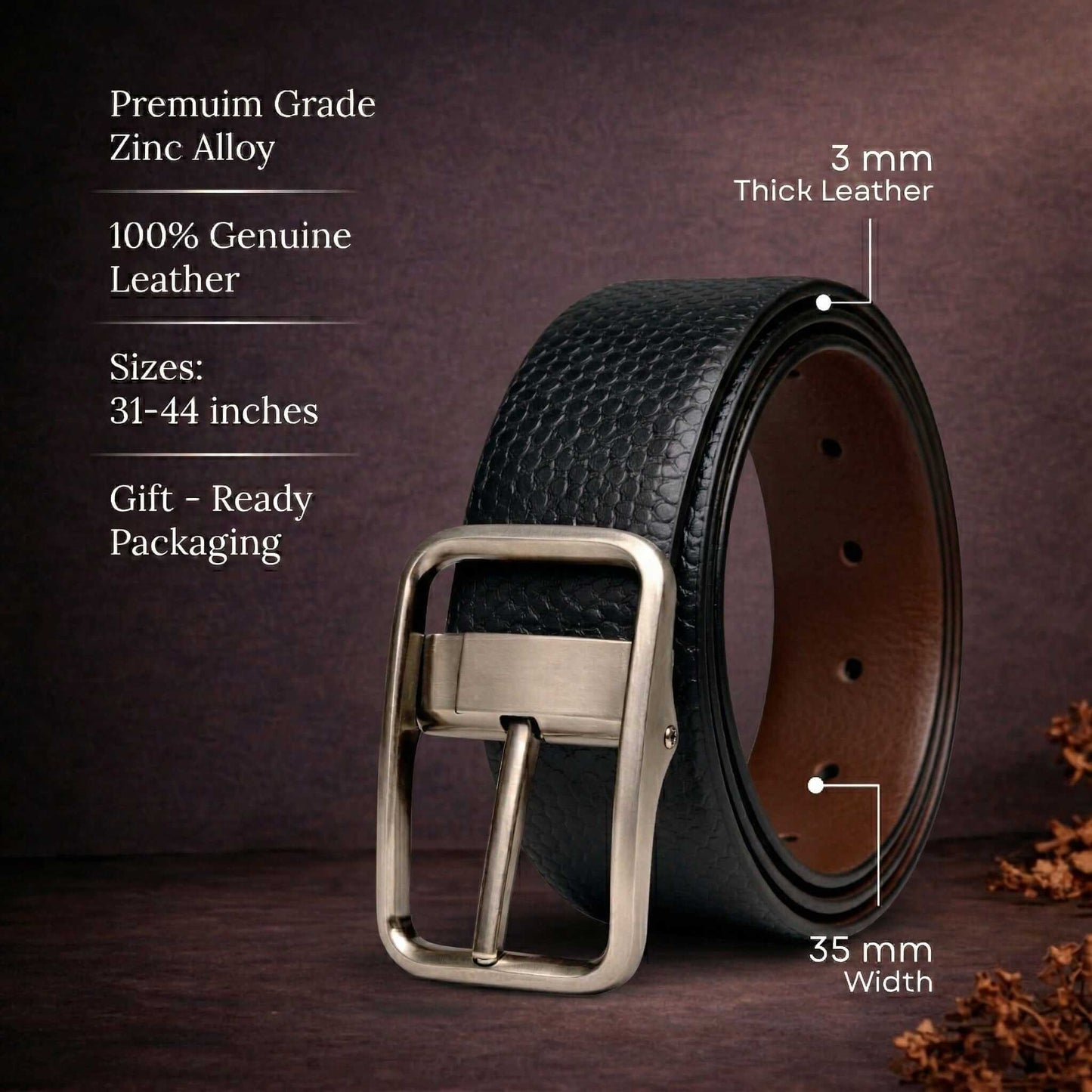 Mens 100% Genuine Leather Belt - HEXSHIFT Pebble Grain (Black & Brown Reversible) — Leather Belts for Men | THE MEN THING
