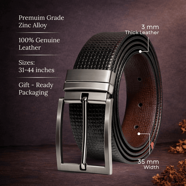Mens 100% Genuine Leather Belt - LEXARO Basket Weave Grid (Black & Brown Reversible)
