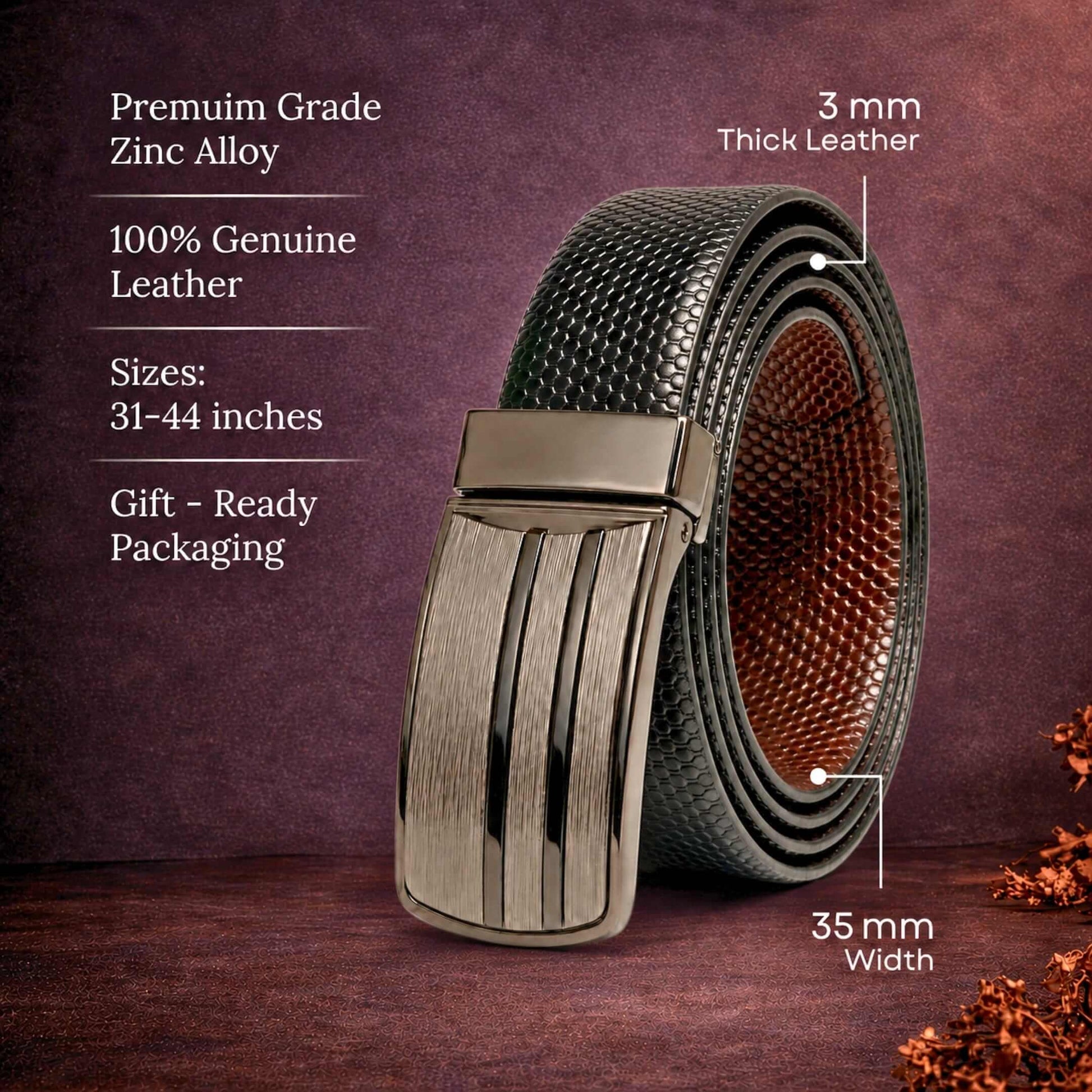 Mens 100% Genuine Leather Belt - LIZARD TEXTURE Exotic Scale Plate (Black & Brown Reversible) — Leather Belts for Men | THE MEN THING