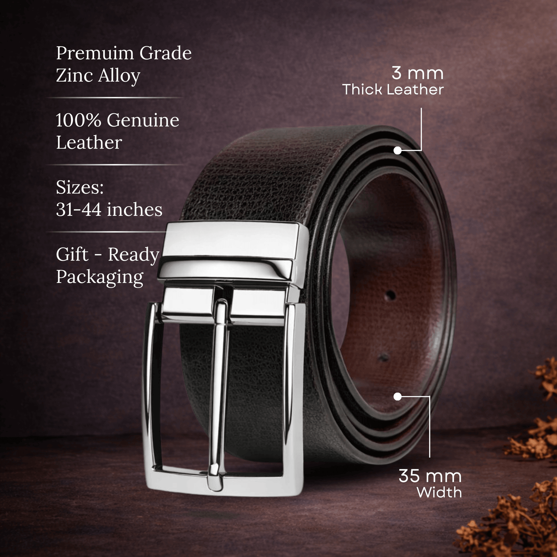 Mens 100% Genuine Leather Belt - LUXARO Lizard Emboss (Black & Brown Reversible) — Leather Belts for Men | THE MEN THING