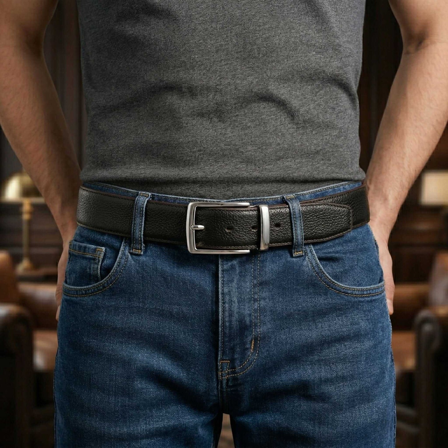 Mens 100% Genuine Leather Belt - LUXARO Lizard Emboss (Black & Brown Reversible) — Leather Belts for Men | THE MEN THING