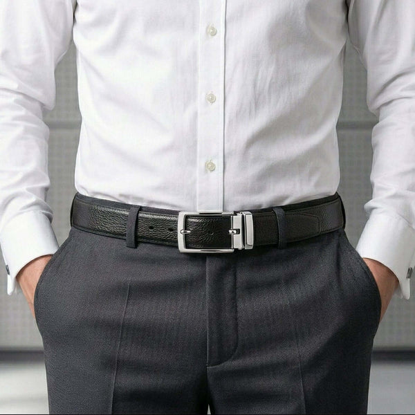 Mens 100% Genuine Leather Belt - LUXARO Lizard Emboss (Black & Brown Reversible)