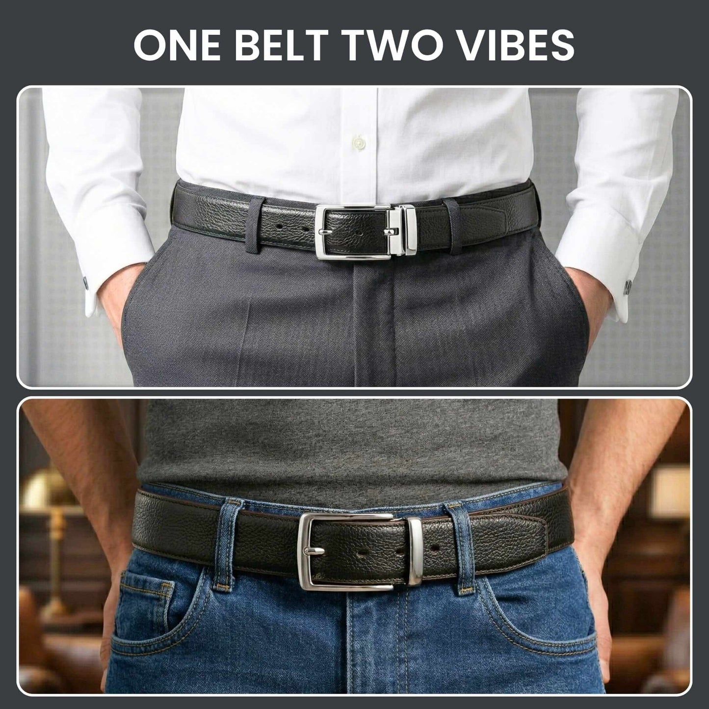 Mens 100% Genuine Leather Belt - LUXARO Lizard Emboss (Black & Brown Reversible) — Leather Belts for Men | THE MEN THING