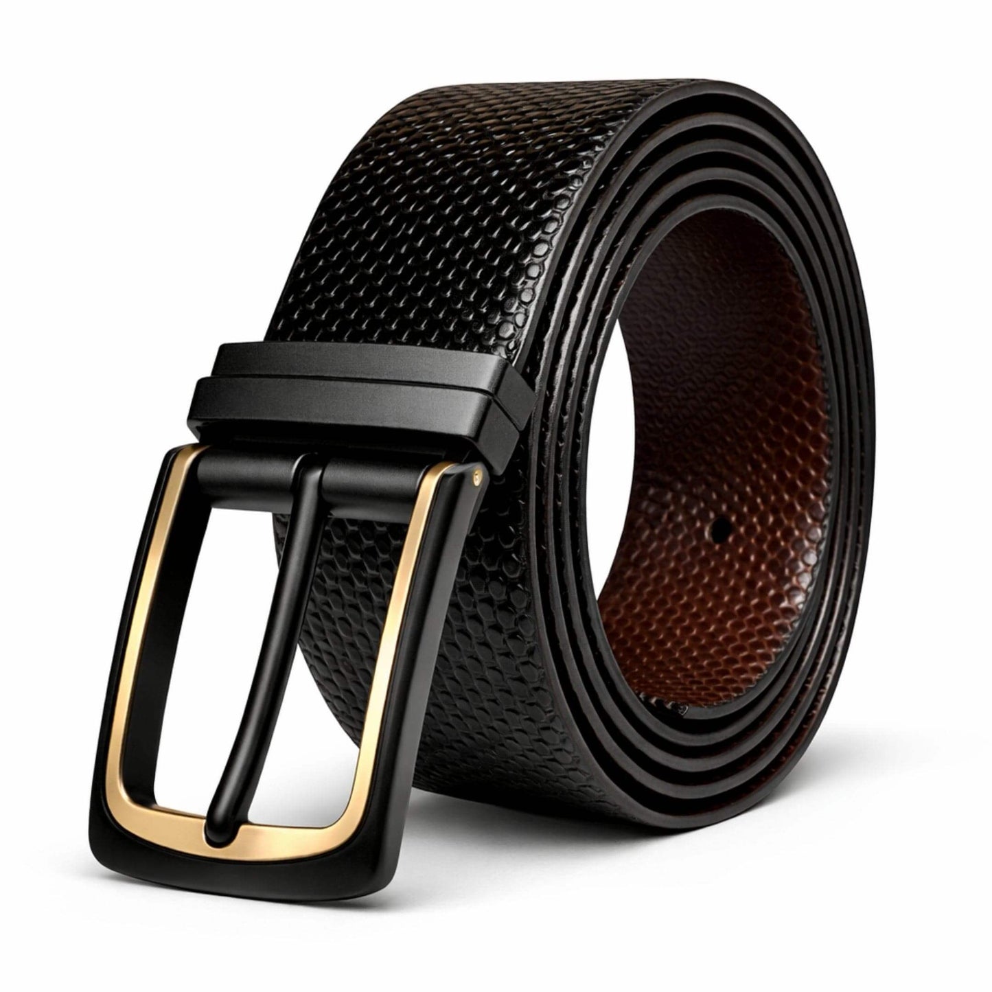 Mens 100% Genuine Leather Belt - LUXEDGE Grid Weave Emboss (Black & Brown Reversible) — Leather Belts for Men | THE MEN THING