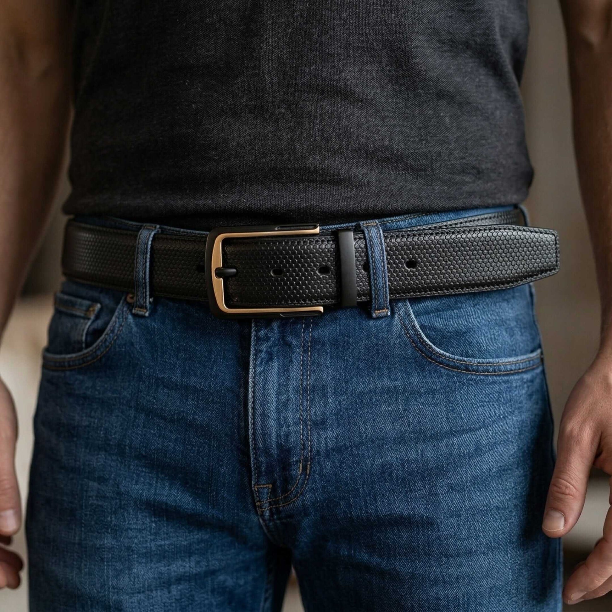 Mens 100% Genuine Leather Belt - LUXEDGE Grid Weave Emboss (Black & Brown Reversible) — Leather Belts for Men | THE MEN THING