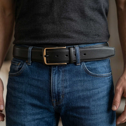 Mens 100% Genuine Leather Belt - LUXEDGE Grid Weave Emboss (Black & Brown Reversible) — Leather Belts for Men | THE MEN THING