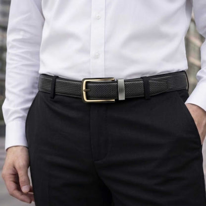 Mens 100% Genuine Leather Belt - LUXEDGE Grid Weave Emboss (Black & Brown Reversible) — Leather Belts for Men | THE MEN THING