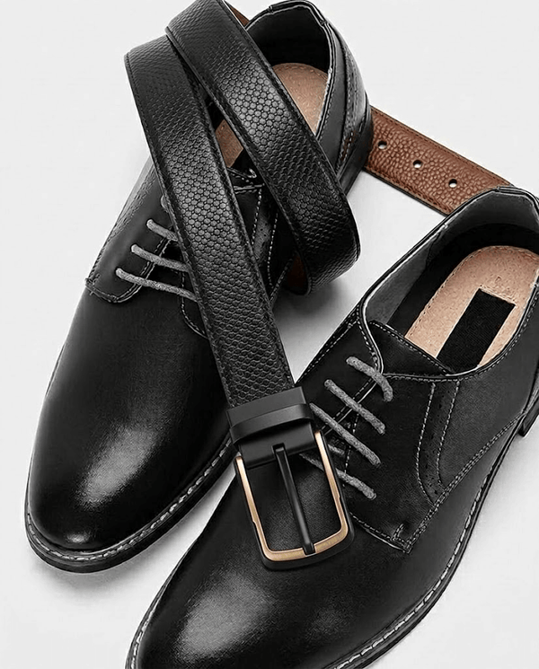 Mens 100% Genuine Leather Belt - LUXEDGE Grid Weave Emboss (Black & Brown Reversible)