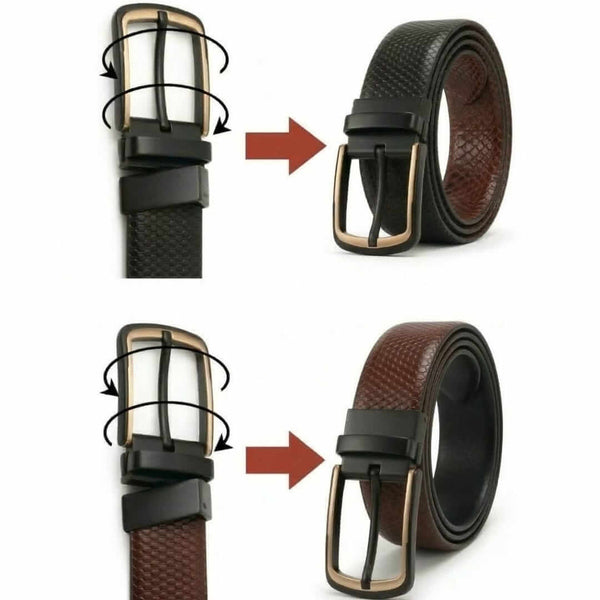 Mens 100% Genuine Leather Belt - LUXEDGE Grid Weave Emboss (Black & Brown Reversible)
