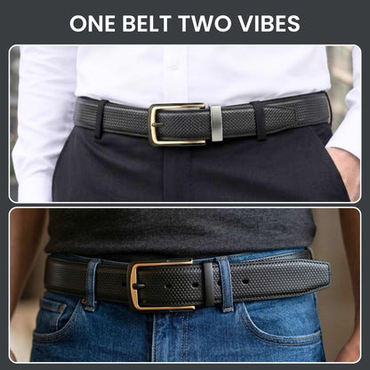 Mens 100% Genuine Leather Belt - LUXEDGE Grid Weave Emboss (Black & Brown Reversible) — Leather Belts for Men | THE MEN THING