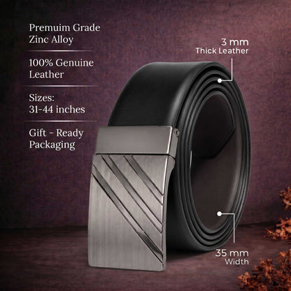 Mens 100% Genuine Leather Belt - LYVEX Smooth Auto Plate (Black & Brown Reversible) — Leather Belts for Men | THE MEN THING